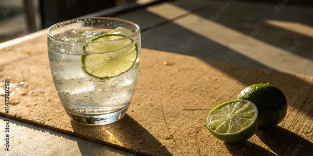 Poster a glass of refreshing lime water with ice cubes, a sliced lime, and a whole lime resting on a wooden