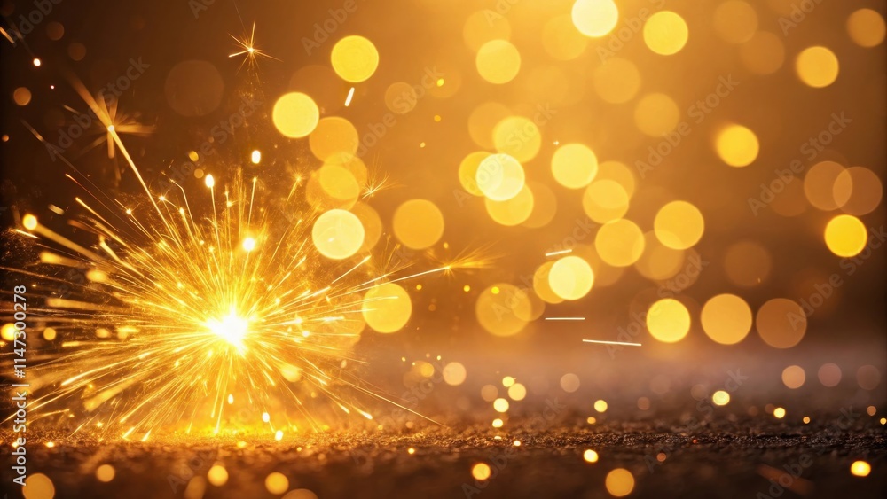 Poster A glowing sparkler bursts forth on a dark surface, radiating a warm, golden light that illuminates a backdrop of shimmering bokeh circles.