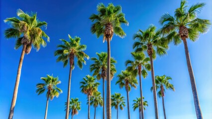Obraz premium Tall palm trees against a clear blue sky, tropical, exotic, vacation, paradise, summer, nature, palm fronds