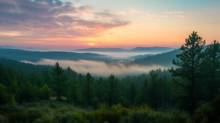 Misty Sunrise Over Mountain Valley. Scenic Landscape, Nature, Serenity