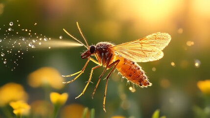 Naklejka premium Flying Mosquito in Sunlight Close-Up
