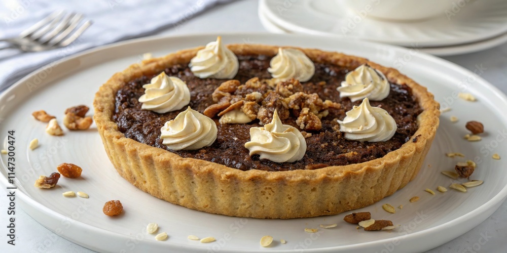 Poster a decadent chocolate tart with swirls of fluffy cream and a sprinkle of toasted nuts on a white plat