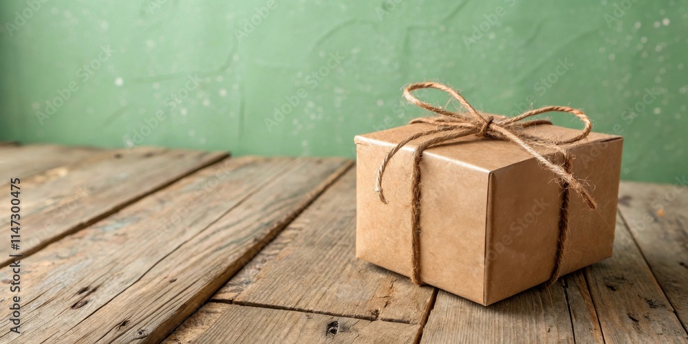 Poster a simple brown gift box tied with twine sits on a rustic wooden surface against a muted green backdr