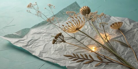 A composition of dried flowers with a golden hue, delicately arranged on textured white paper against a calming pastel green background.