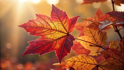 Fototapeta premium A single red and orange maple leaf bathed in golden sunlight, with other leaves blurred in the background, showcasing the beauty of autumn foliage.