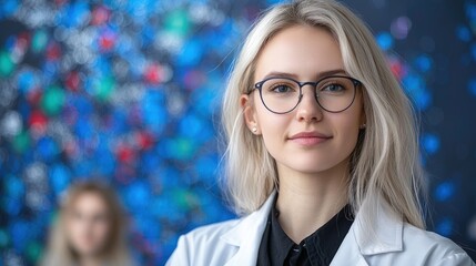 Fototapeta na wymiar Confident female scientist in lab coat. (3)