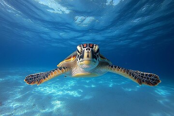 close up of a sea turtle swiiming in the blue ocean , isolated on white background,  , copy space, copy space for text,