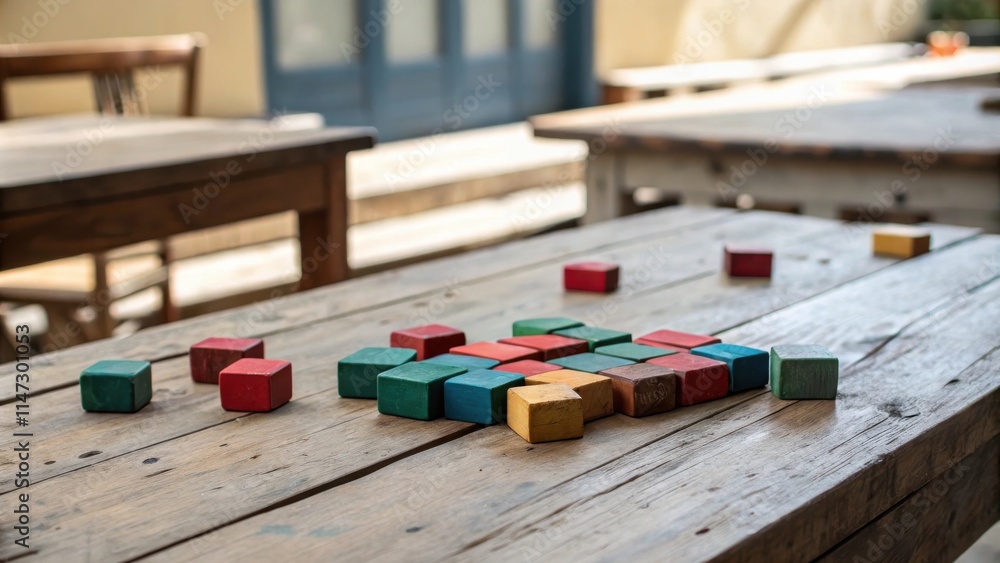 Poster colorful wooden blocks scattered on a weathered tabletop, a playful composition of simple shapes and