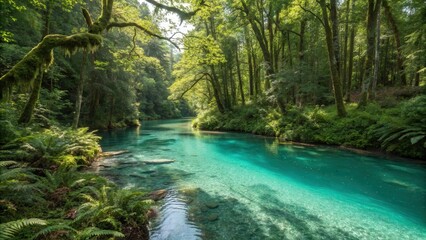 Obraz premium A winding river meanders through a verdant forest, its turquoise waters sparkling in the sunlight.