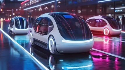 Futuristic Autonomous Vehicles on Neon City Street