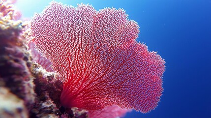 close-up of beautiful red coral in deep sea , isolated on white background,  , copy space, copy space for text,