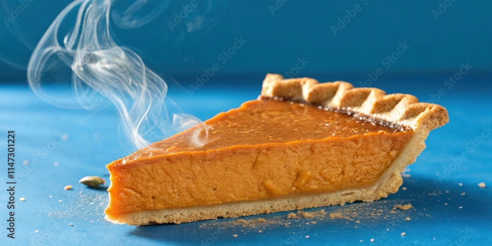 Poster A slice of warm pumpkin pie with a flaky crust and a wisp of steam rising from its surface, resting on a blue background.