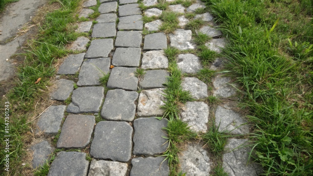 Poster a winding stone path bordered by vibrant green grass, creating a natural contrast between man-made a