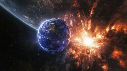 Obraz premium Planet Earth facing cosmic explosion.