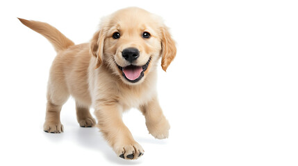 A small golden retriever puppy is running and smiling