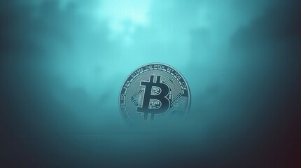 Bitcoin floating in a moody blue atmosphere, conveying mystery and technological innovation, great for ads.
