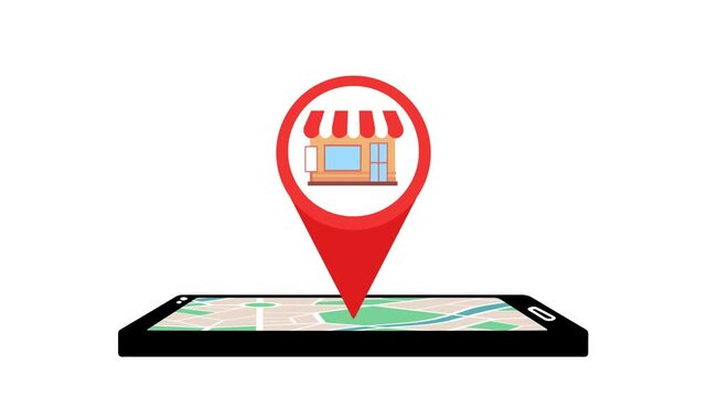 4K video Map Footage with Smartphone, Map, Store and Pin Location on White Screen Background. 4k video animated Smartphone with GPS Service App Animation