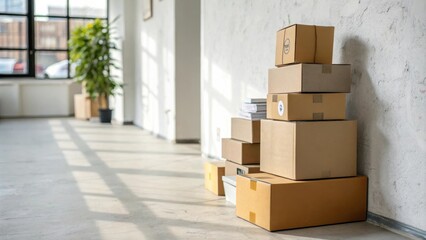 A stack of cardboard boxes against a white wall, with a window and a green plant in the background, bathed in sunlight.