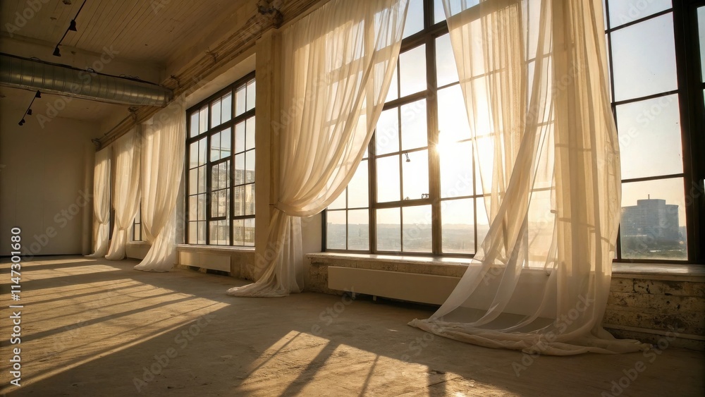 Poster Sunlight streams through sheer curtains in a spacious loft with large windows, casting long shadows on the concrete floor.
