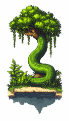 Pixel Art Lush Vine Tree Game Asset, Floating Island Background.