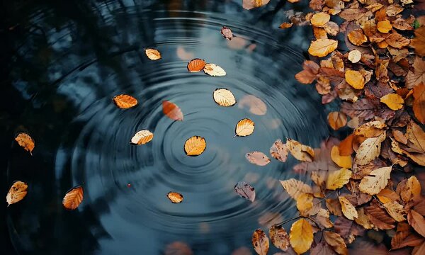 A serene pond with ripples and autumn leaves floating on the surface.
