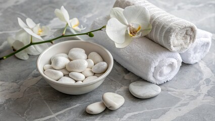 A serene spa setting with white orchids, smooth stones, and soft towels on a cool grey background.