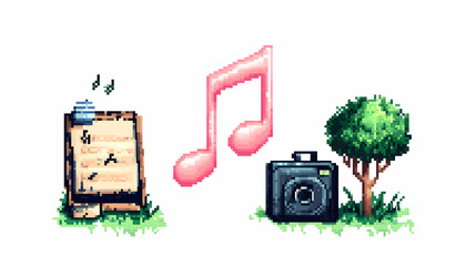 Pixel art music festival schedule, camera, tree; outdoor event promotion.