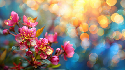 Spring Background, Pink Cherry Blossom In Golden Hour On Festive Sky Blue With Copy Space