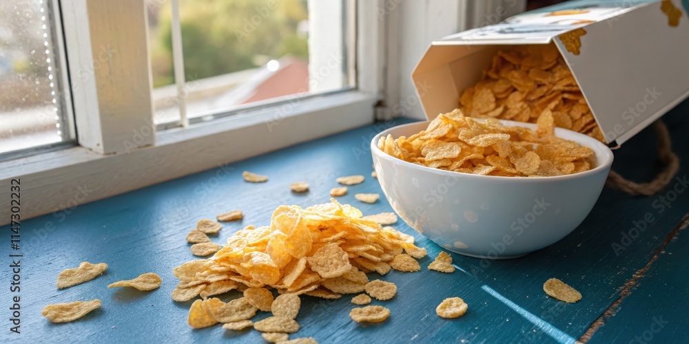 Poster a bowl of golden breakfast cereal on a blue countertop with scattered flakes and an open box of cere