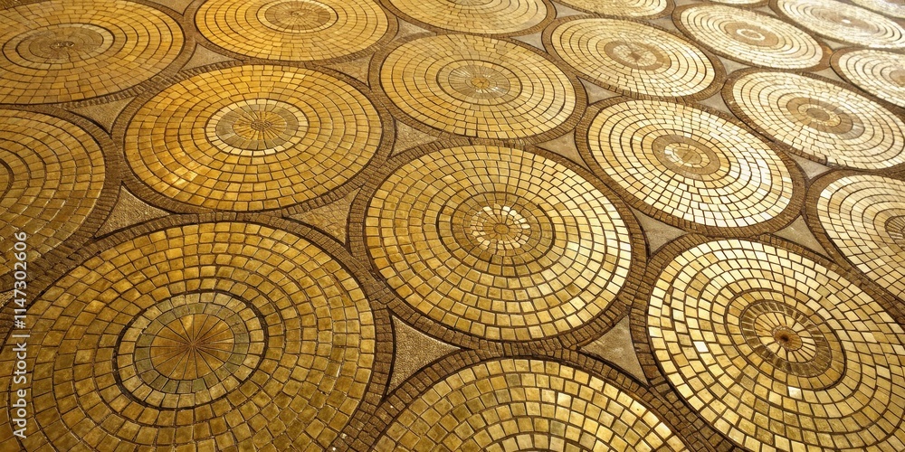 Leinwandbilder a captivating pattern of circular mosaic tiles, each composed of small golden squares, creates a mes
