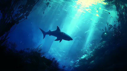 A shark swims through the depths of the ocean. Submerged. Illustration