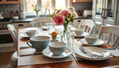 Fototapeta premium A beautifully set dining table with flowers, bowls, and utensils, ready for a meal.