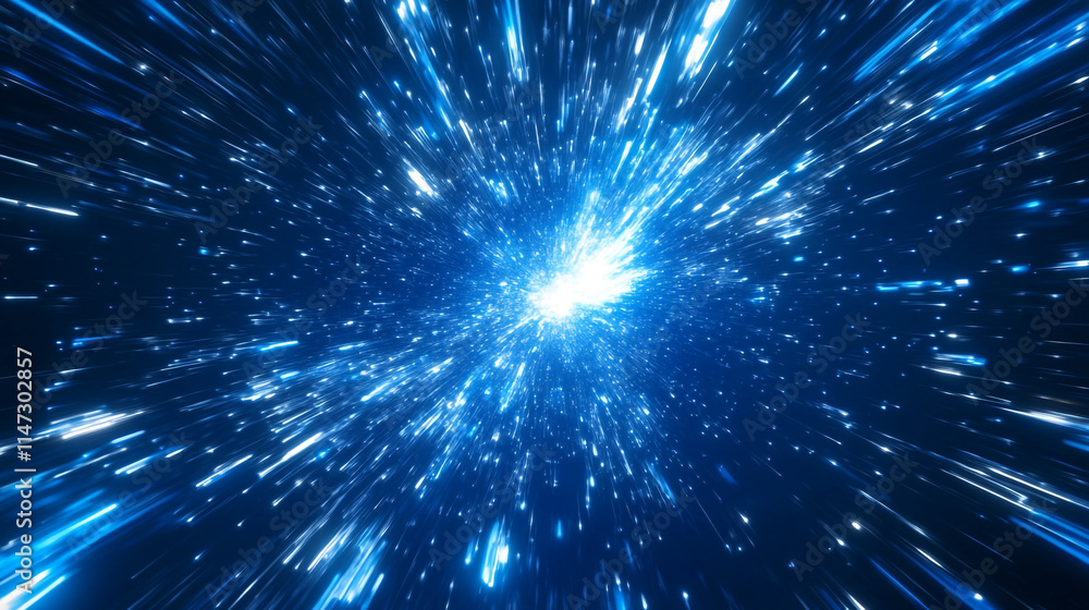 Poster dynamic blue explosion with sparkles depicting cosmic motion in space.