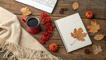 Cozy Autumn Workspace with a Warm Blanket, a Cup of Coffee, and a Blank Notebook Ready for Inspiration