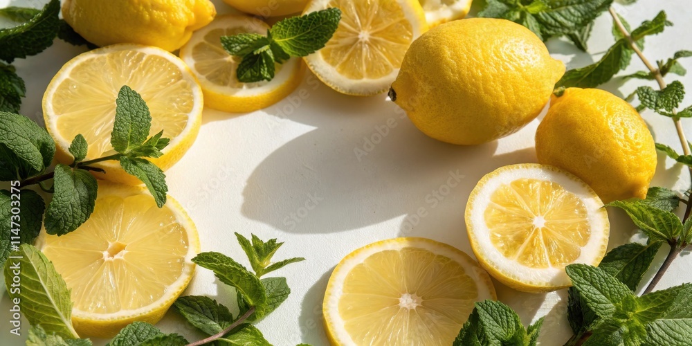 Poster A refreshing composition of lemon slices and vibrant green mint leaves, arranged in a circular pattern on a white background, creating a visually appealing and fragrant display.