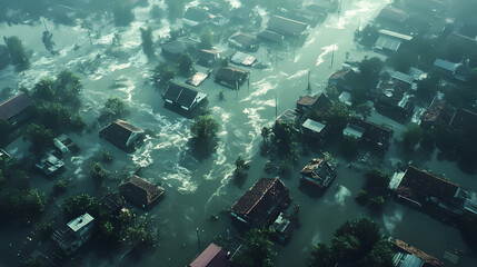 Aerial view of suburban properties partially submerged in murky floodwaters after a tropical storm, roads barely visible, rooftops and trees surrounded by water. Submerged. Illustration