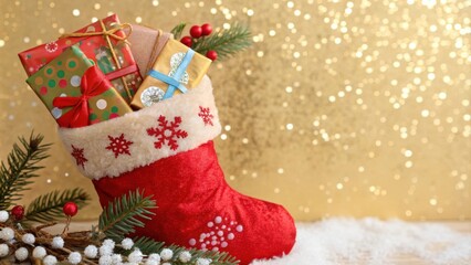 A festive red stocking overflowing with wrapped gifts and adorned with snowflakes, nestled amongst a snowy landscape and a shimmering golden backdrop.