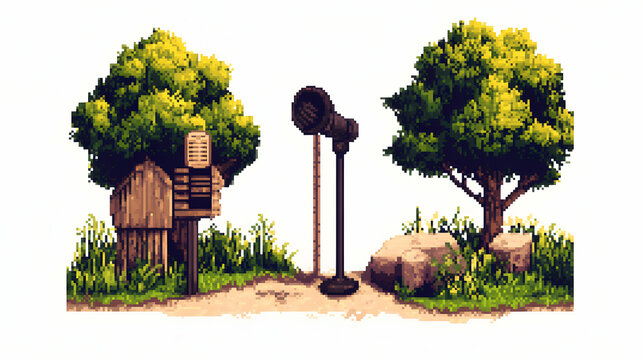 Pixel art rural scene microphone near rustic mailbox, trees, rocks; game asset.
