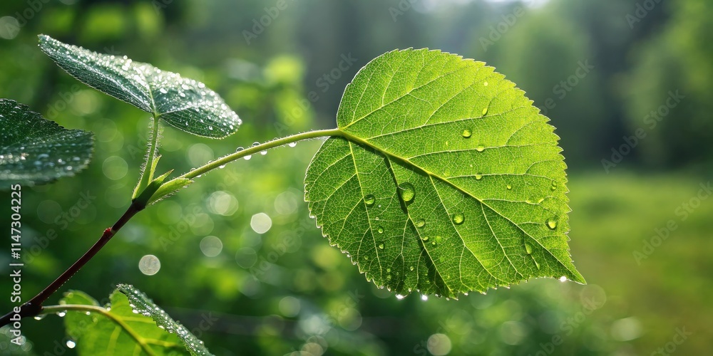 Aufkleber a single leaf with water droplets, showing the intricate veins and texture of a green leaf against a