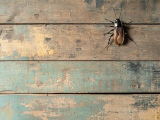Cockroach on Worn Wooden Floor Background