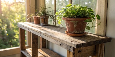 A rustic wooden shelf with three potted plants, bathed in soft sunlight streaming through a nearby window.