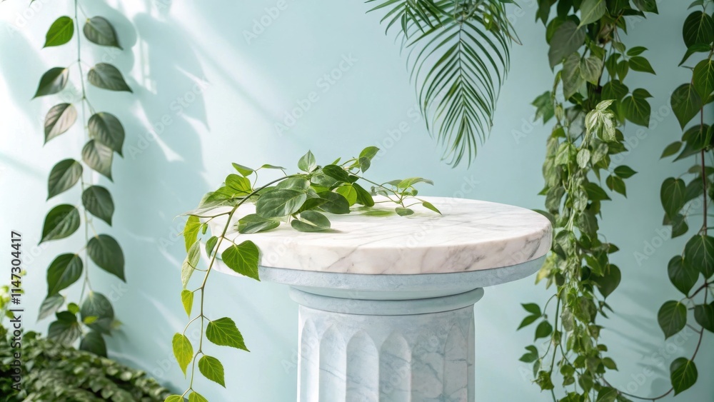 Aufkleber a marble pedestal table with a leafy vine resting on the surface, against a backdrop of lush greener