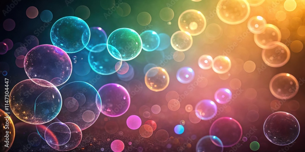 Poster A whimsical abstract background with a vibrant array of iridescent bubbles floating against a backdrop of soft-focus bokeh lights.