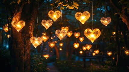 Illuminated Heart Shaped Lights Hanging From Trees At Night