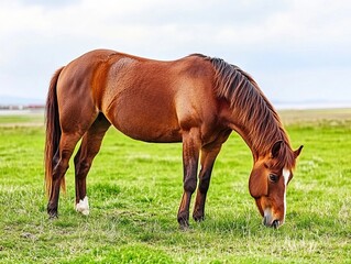 Obraz premium Horse Grazing in a Lush Green Field