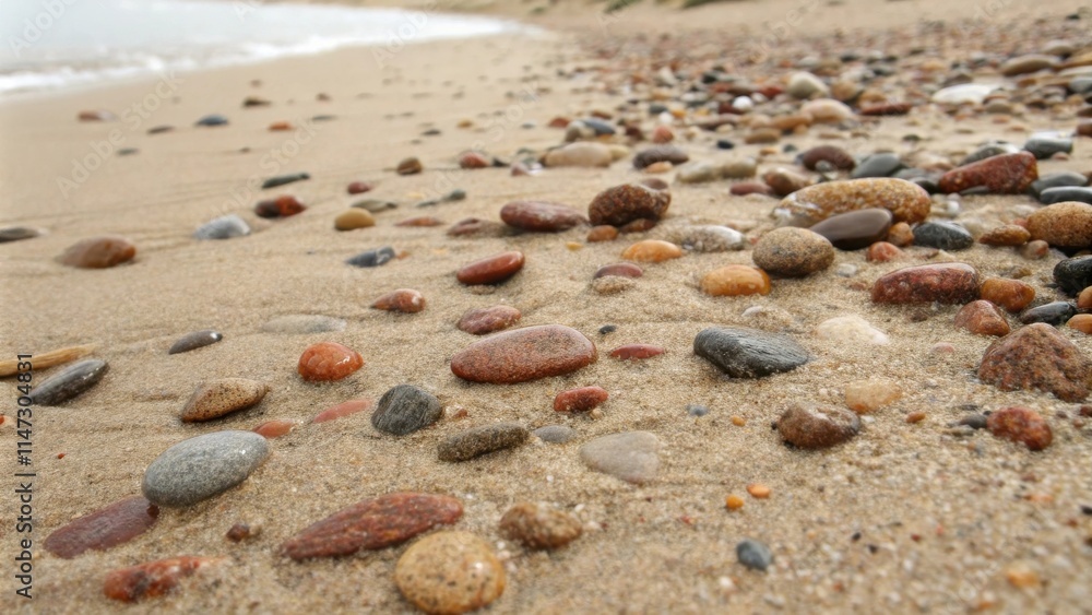 Poster a close-up view of a sandy beach with a shallow depth of field, showcasing a variety of smooth, colo