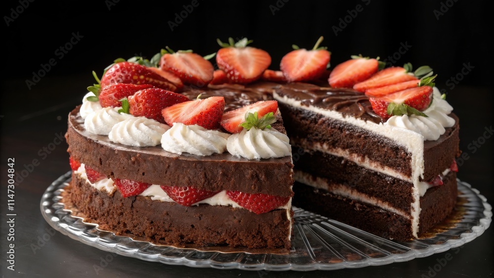 Poster a decadent chocolate cake layered with whipped cream and topped with fresh strawberries, a slice rem