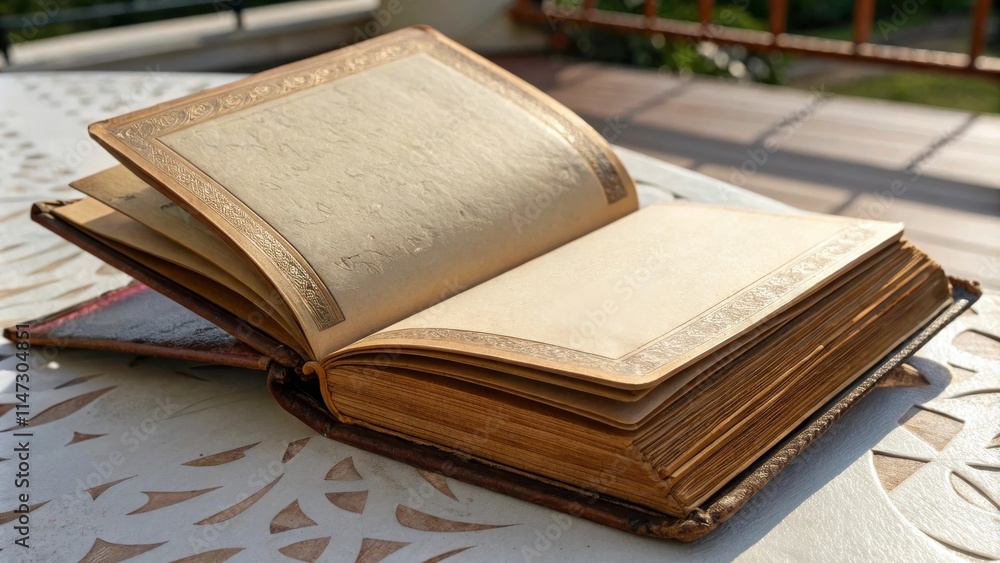 Aufkleber a weathered antique book with gilded edges lies open on a white table with a floral pattern, catchin