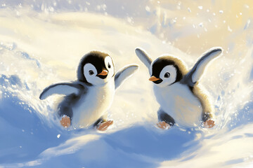A pair of baby penguins sliding on their bellies across the snow, racing each other