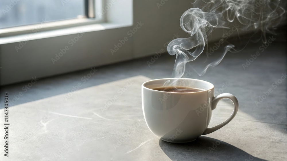 Poster a steaming cup of coffee on a gray countertop with a window in the background